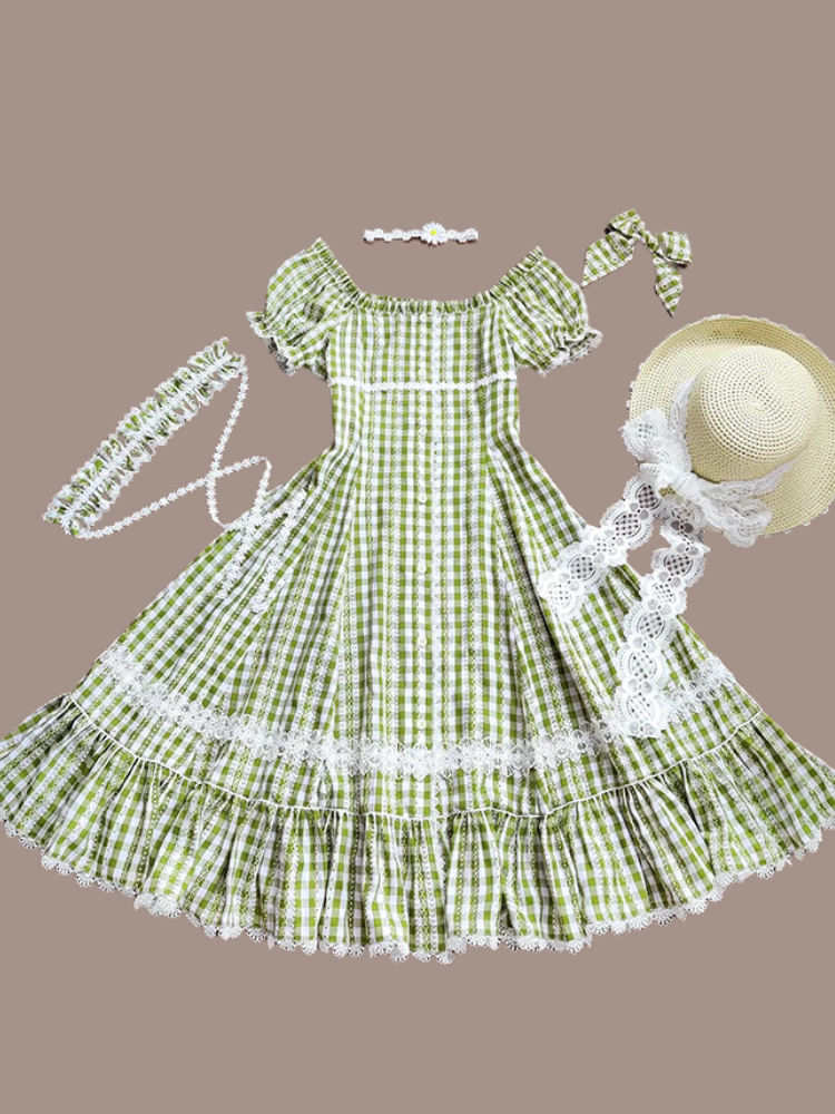Day's eye Gingham check retro short sleeve dress, 3 colors