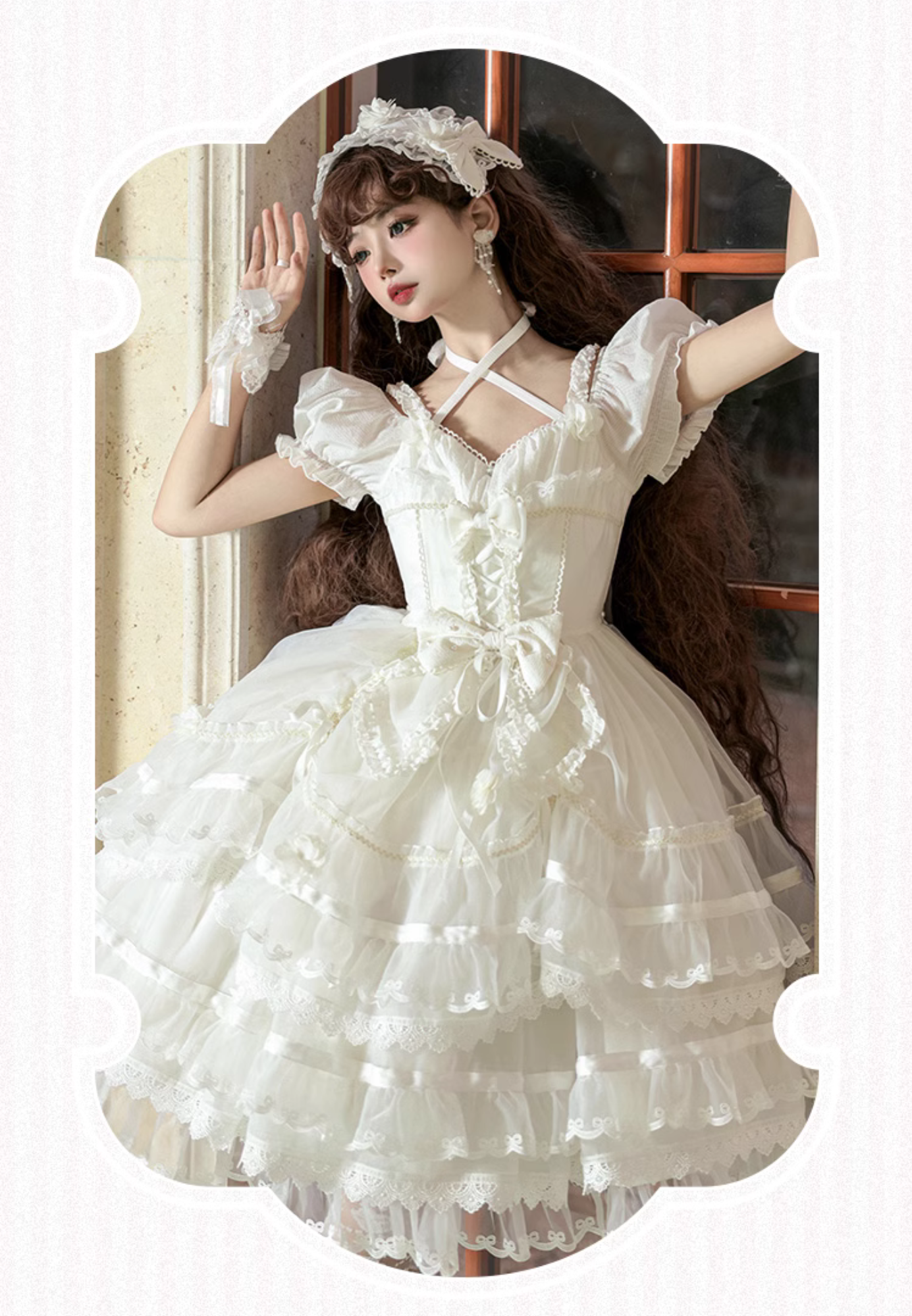 Ribbon embroidered lace dress and head dress available in 8 colors