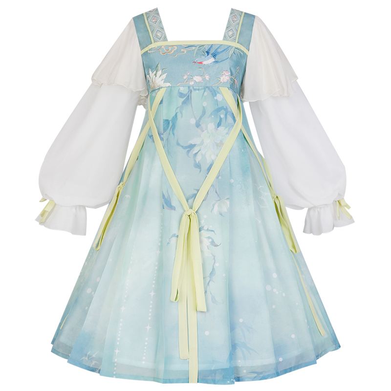 Hana loli dress with green and blue flower embroidery