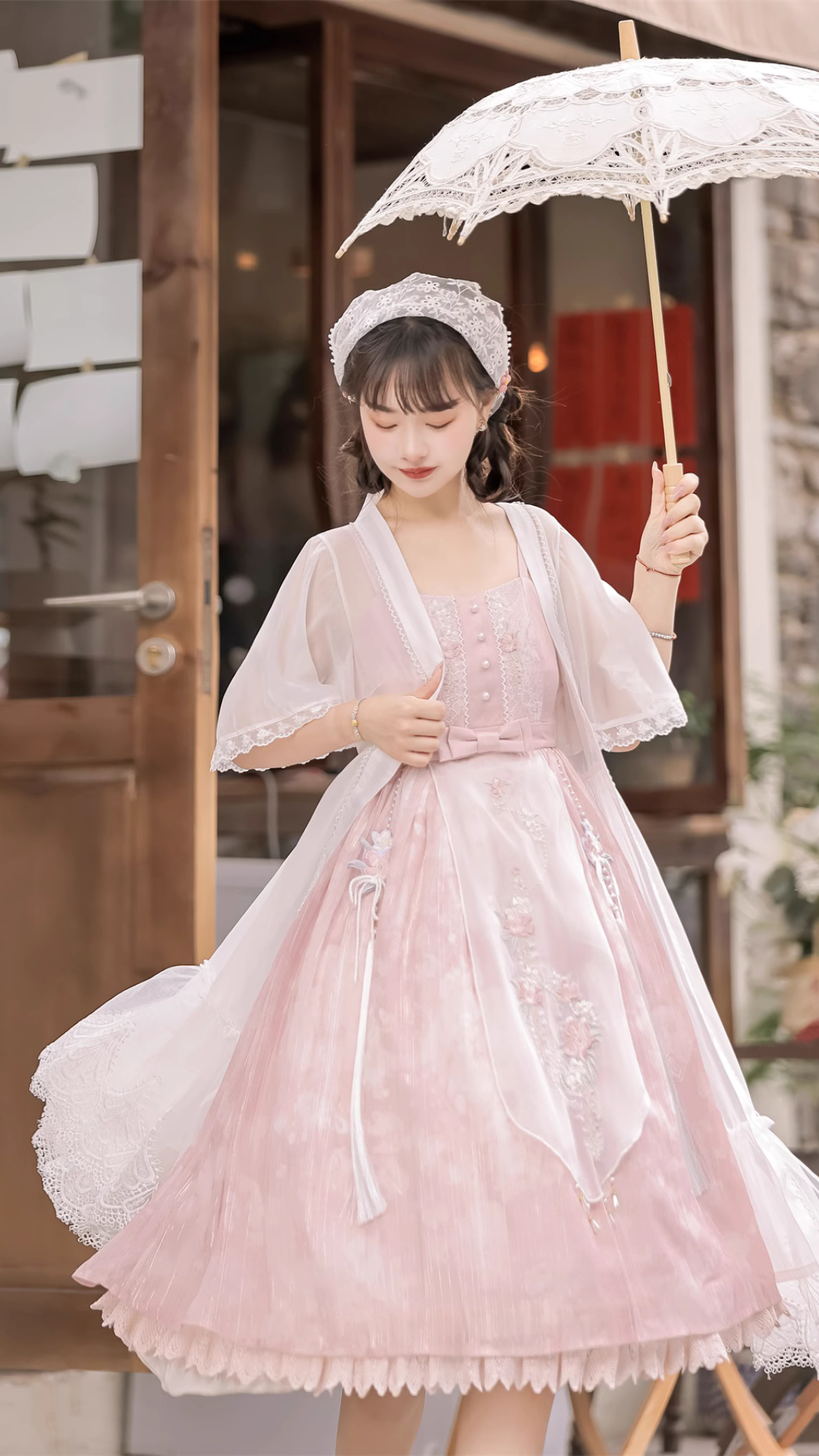Smoke pink Chinese style jumper skirt and long cardigan