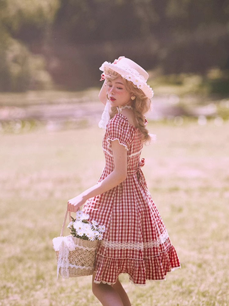 Day's eye Gingham check retro short sleeve dress, 3 colors