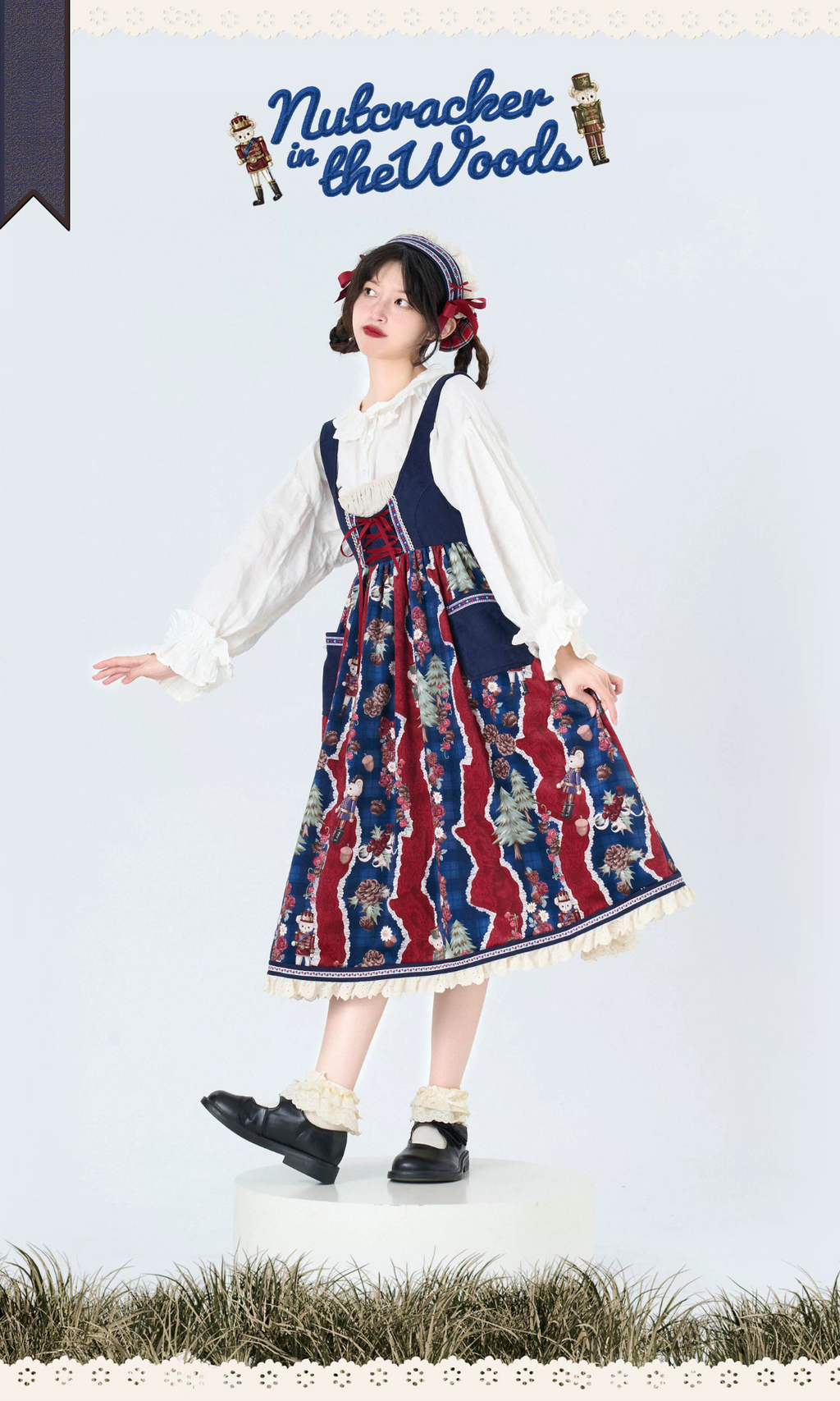 Nutcracker Bear Country-style Floral Embroidered Jumper Skirt