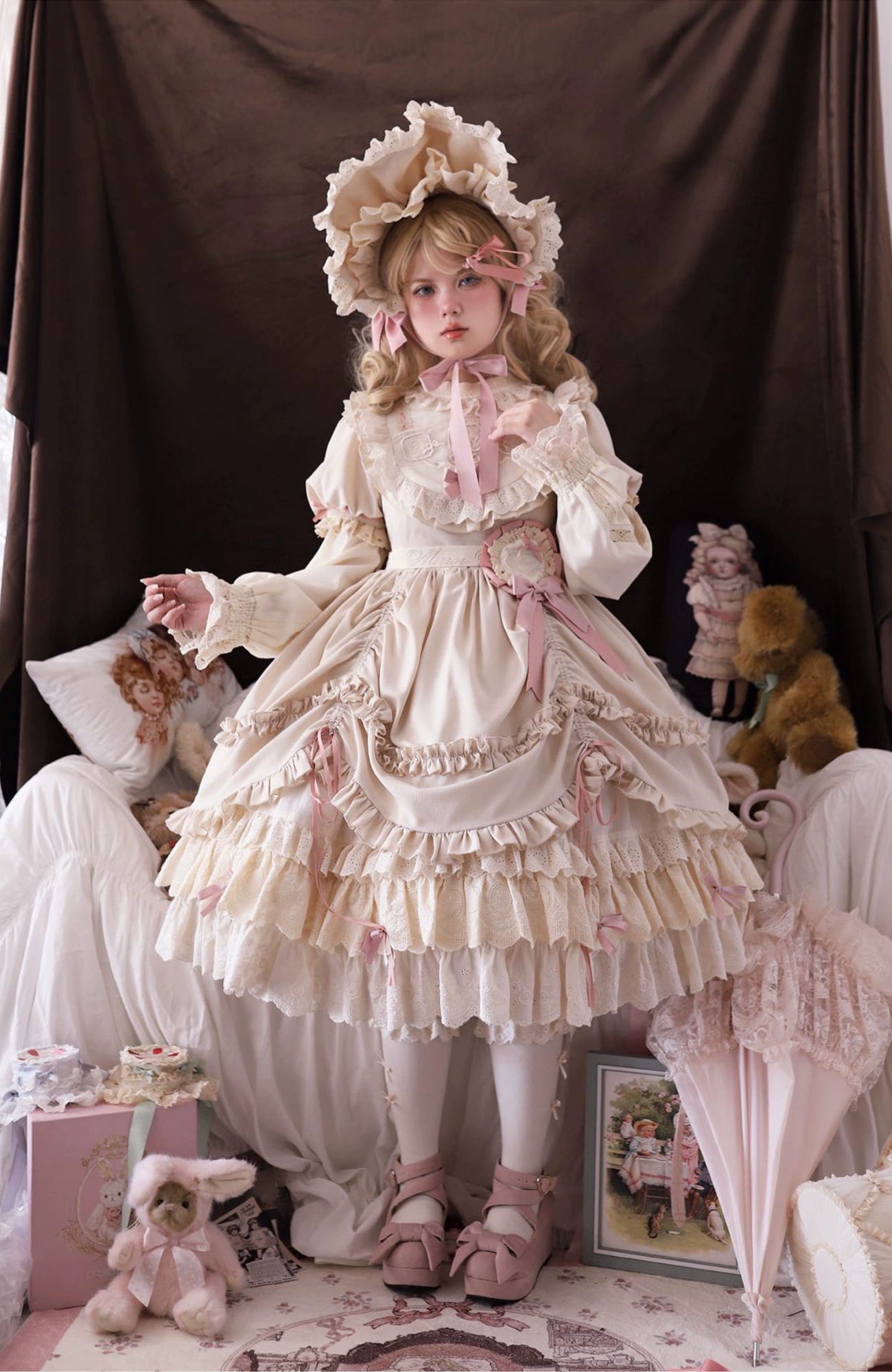 Ribbon Doll 3段フリルワンピースと付け袖 全3色