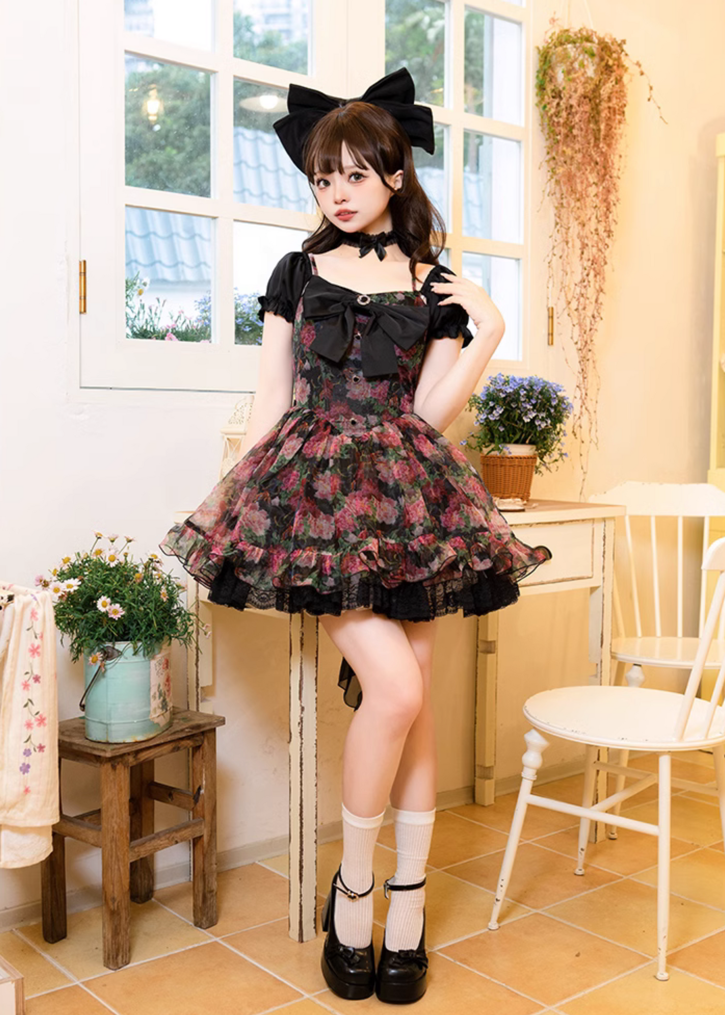 Peony flower 3way black mini dress