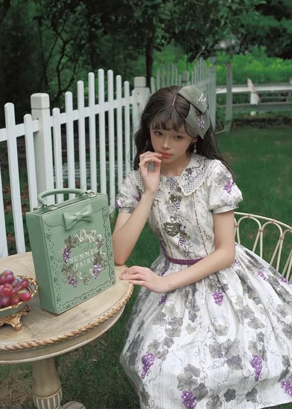 Sunny Rouge Grape pattern embroidered collar short sleeve dress