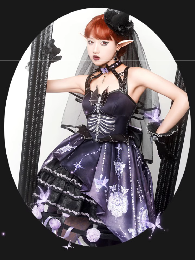 [Pre-order] Bat Wings skeleton pattern jumper skirt and purple rose crinoline