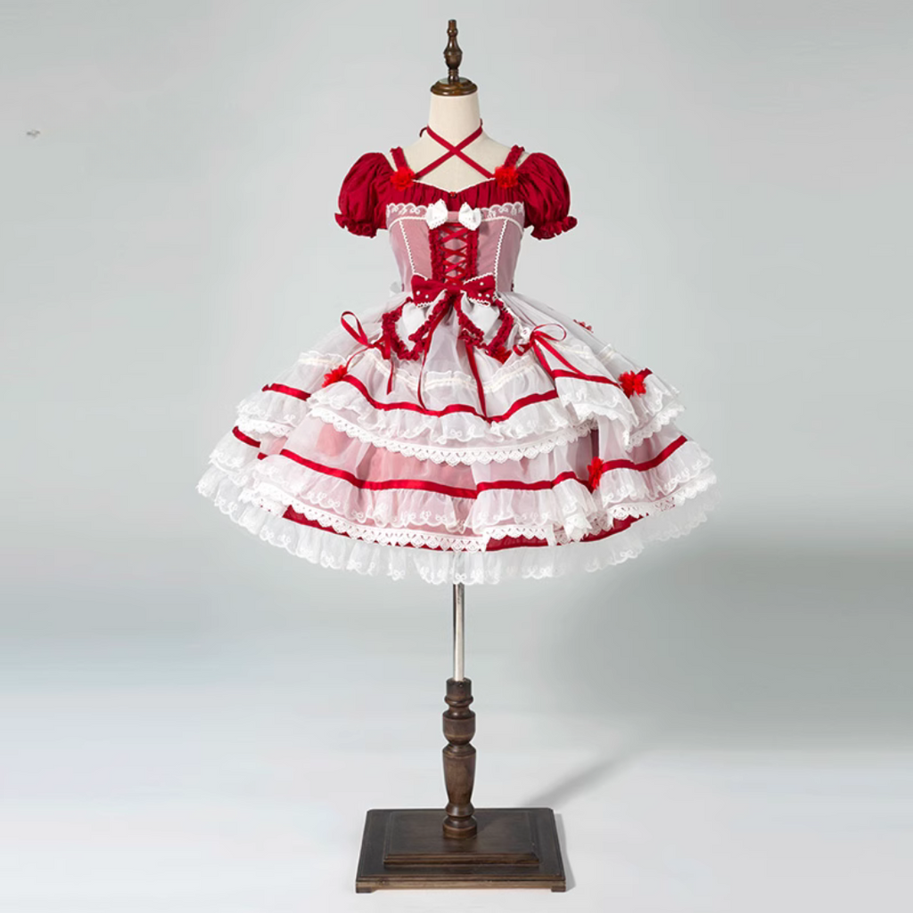 Ribbon embroidered lace dress and head dress available in 8 colors