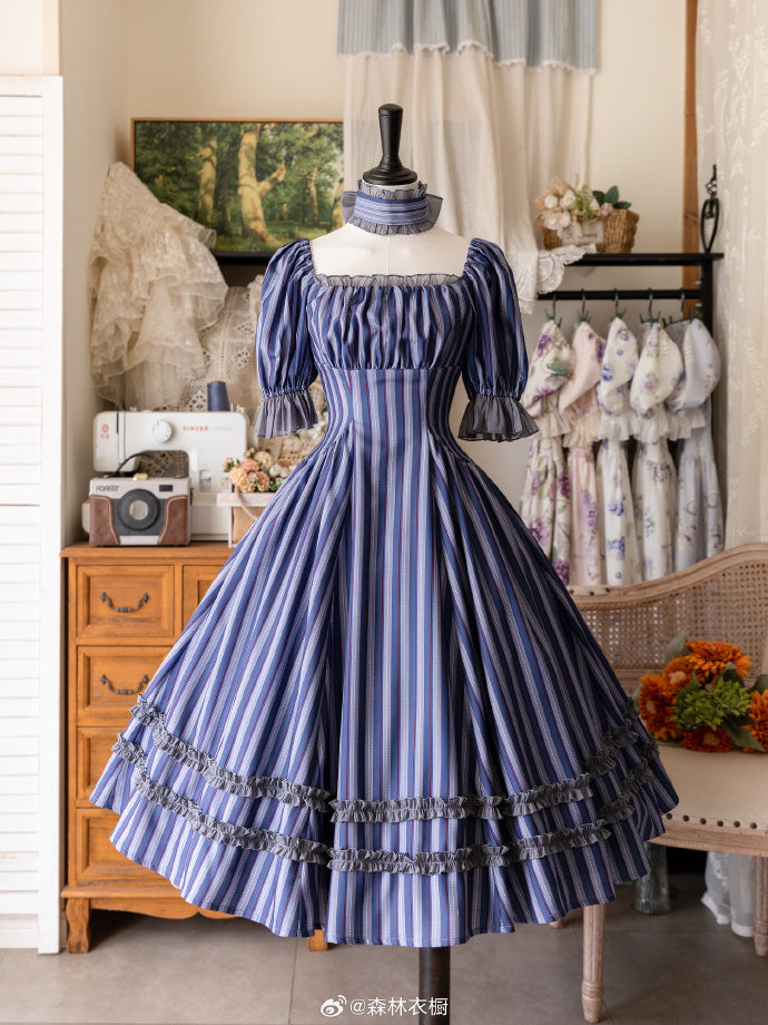 [Pre-order] Forest Basket 5.0 Classical One-piece Dress, Blue Stripes, with Choker and Hair Accessory