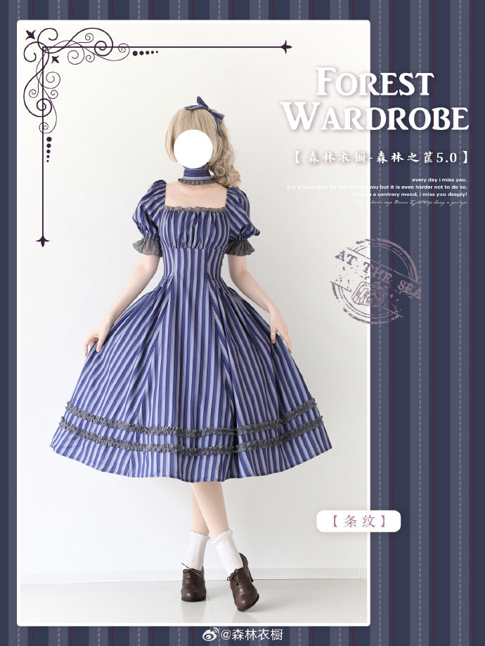 [Pre-order] Forest Basket 5.0 Classical One-piece Dress, Blue Stripes, with Choker and Hair Accessory