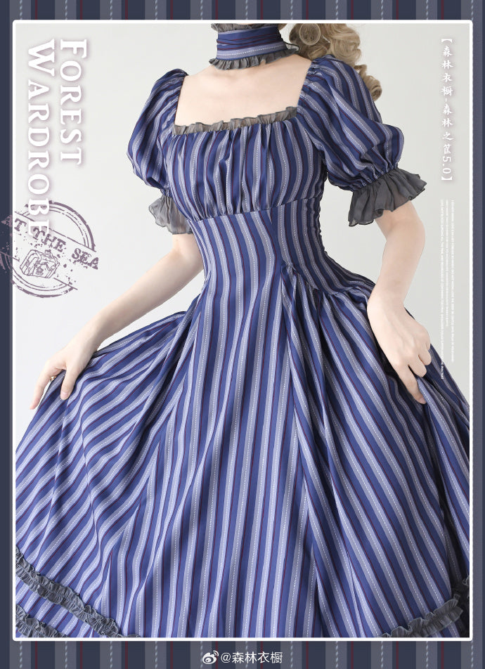 [Pre-order] Forest Basket 5.0 Classical One-piece Dress, Blue Stripes, with Choker and Hair Accessory