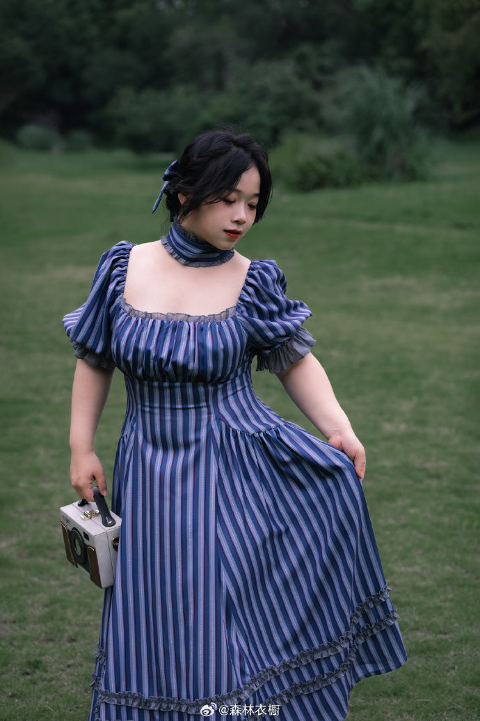 [Pre-order] Forest Basket 5.0 Classical One-piece Dress, Blue Stripes, with Choker and Hair Accessory