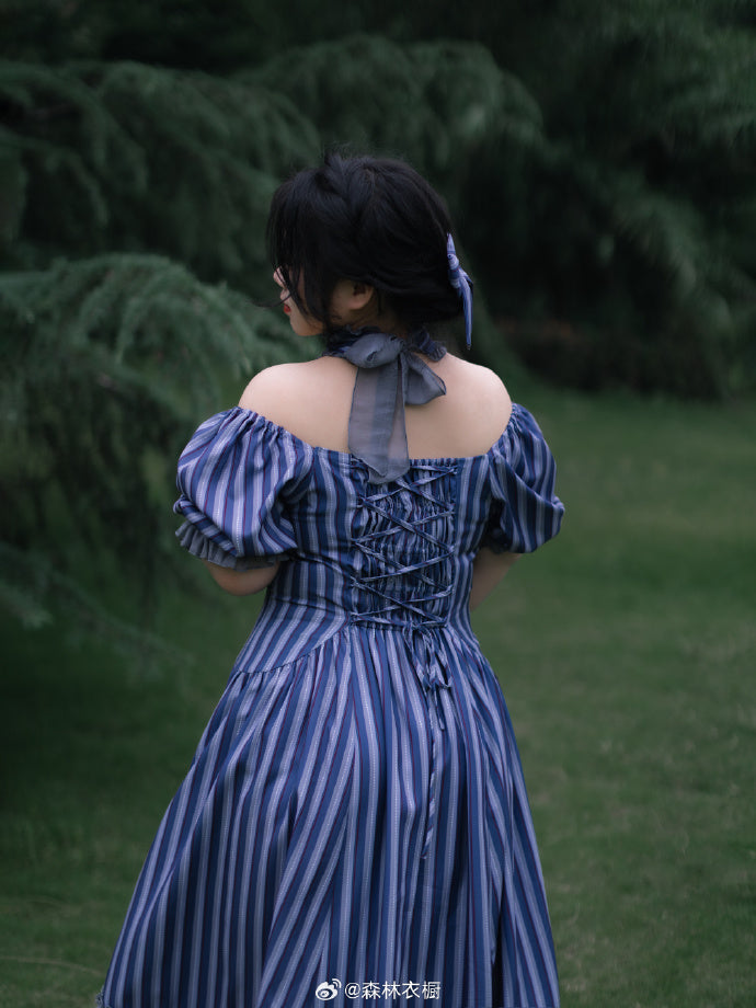 [Pre-order] Forest Basket 5.0 Classical One-piece Dress, Blue Stripes, with Choker and Hair Accessory