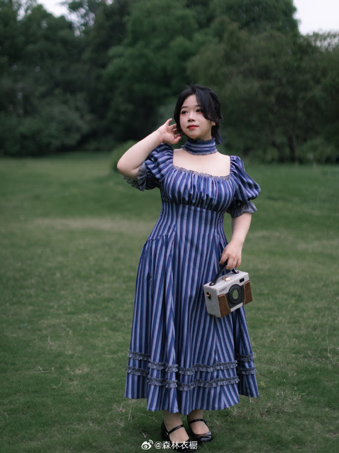 [Pre-order] Forest Basket 5.0 Classical One-piece Dress, Blue Stripes, with Choker and Hair Accessory