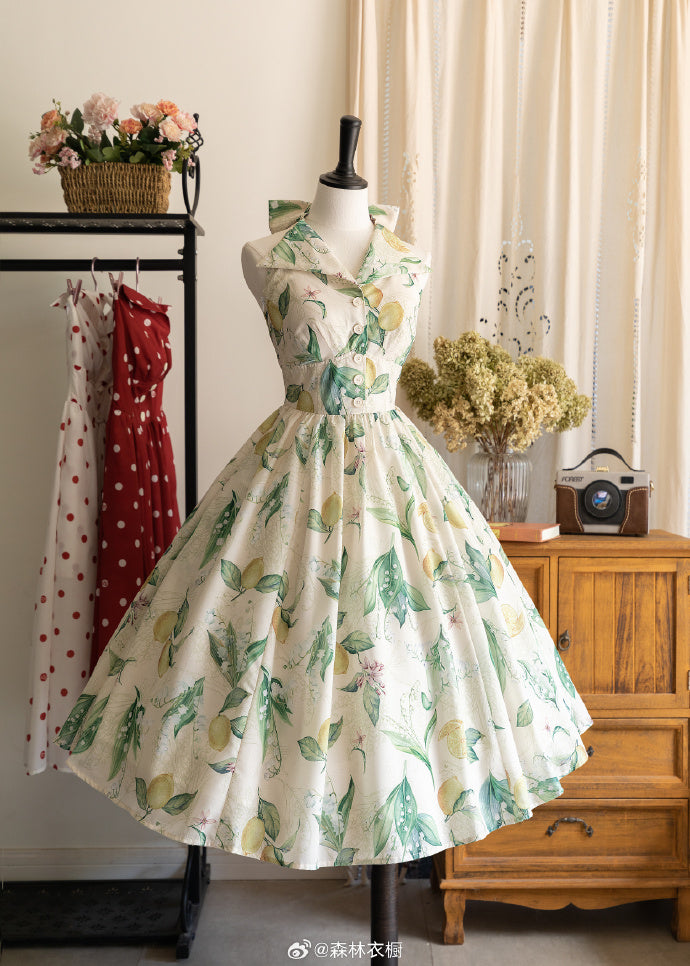 Afternoon Forest Retro Elegant Halter Neck Jumper Skirt with Hair Accessory