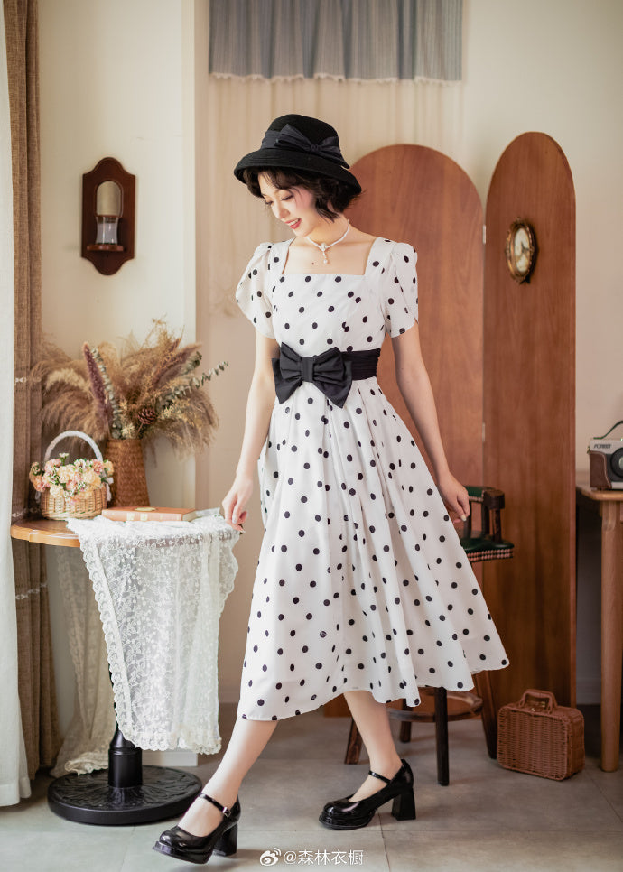 Afternoon Forest Retro Elegant Ribbon Dress with Hair Accessory