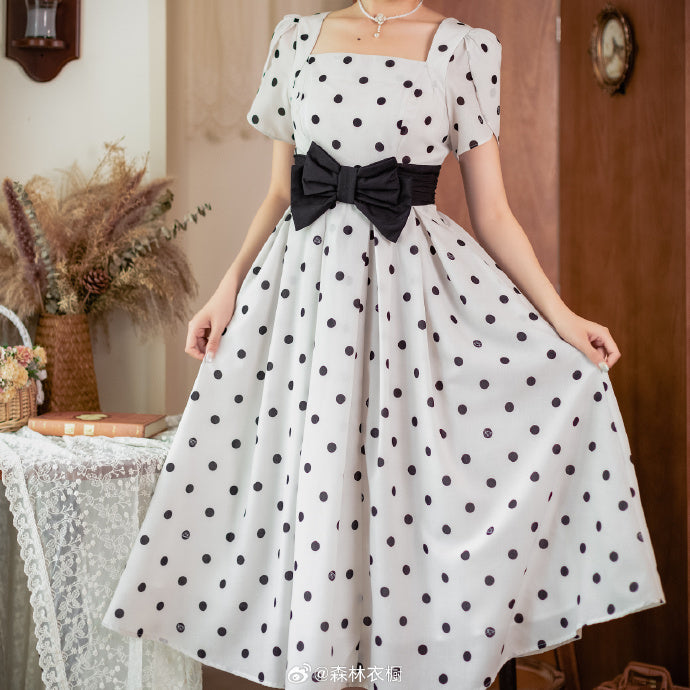 Afternoon Forest Retro Elegant Ribbon Dress with Hair Accessory