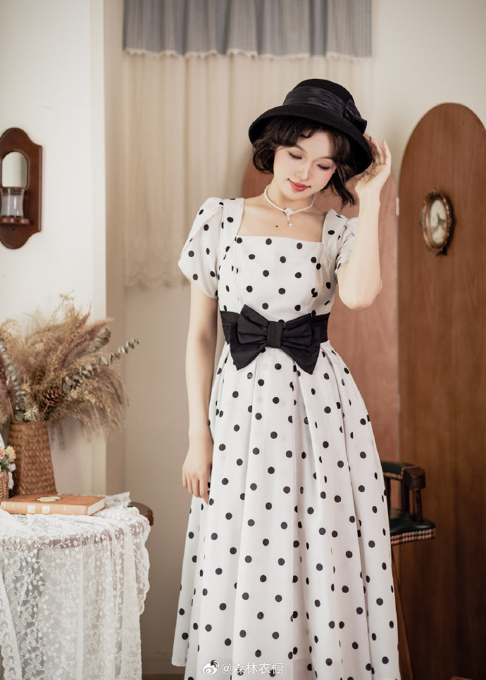 Afternoon Forest Retro Elegant Ribbon Dress with Hair Accessory