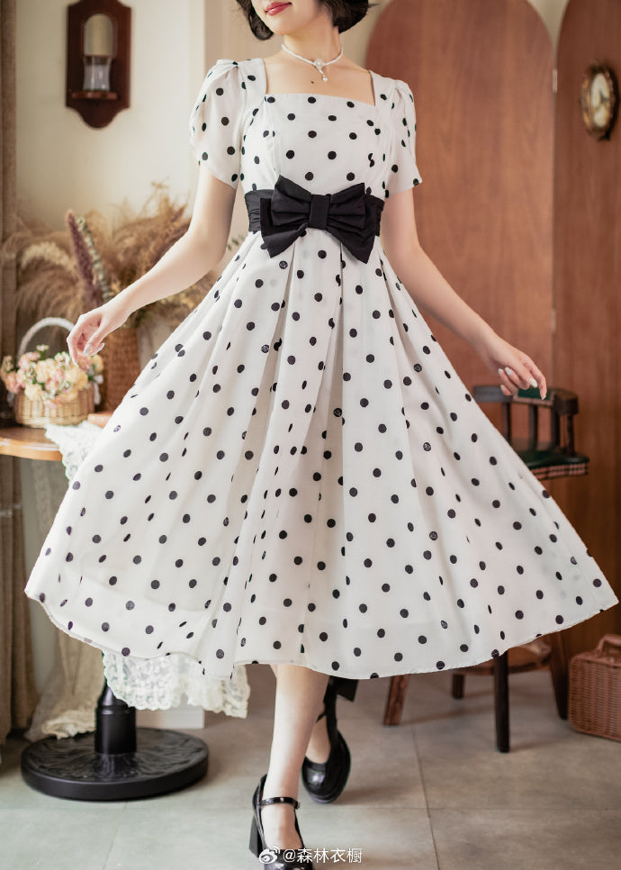 Afternoon Forest Retro Elegant Ribbon Dress with Hair Accessory