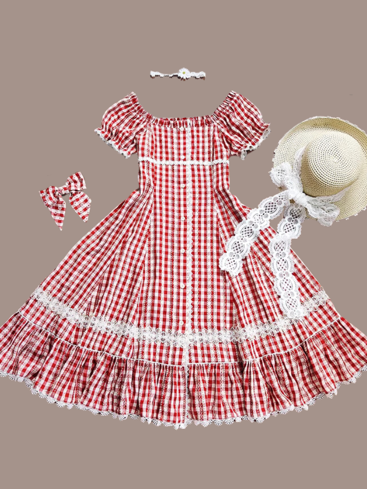 Day's eye Gingham check retro short sleeve dress, 3 colors
