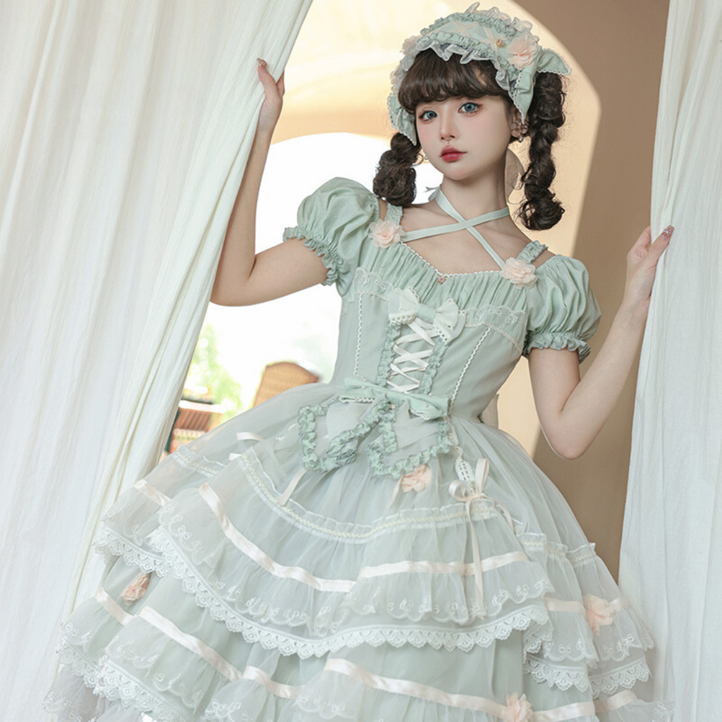 Ribbon embroidered lace dress and head dress available in 8 colors