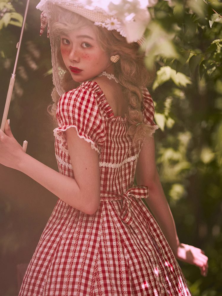 Day's eye Gingham check retro short sleeve dress, 3 colors