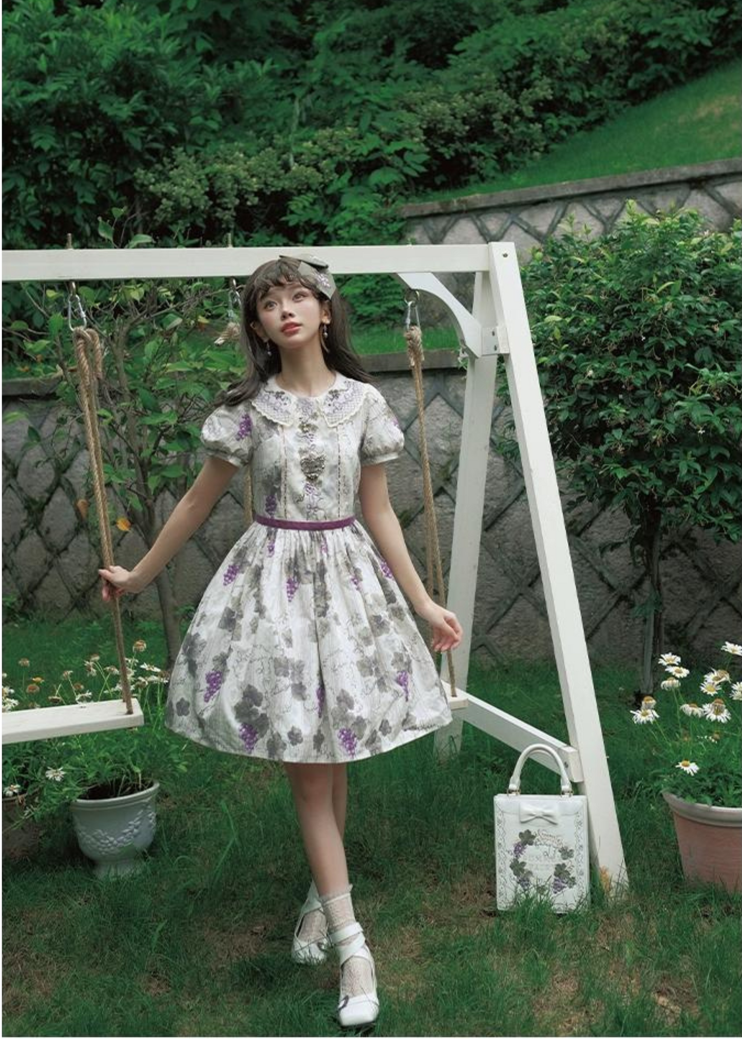 Sunny Rouge Grape pattern embroidered collar short sleeve dress