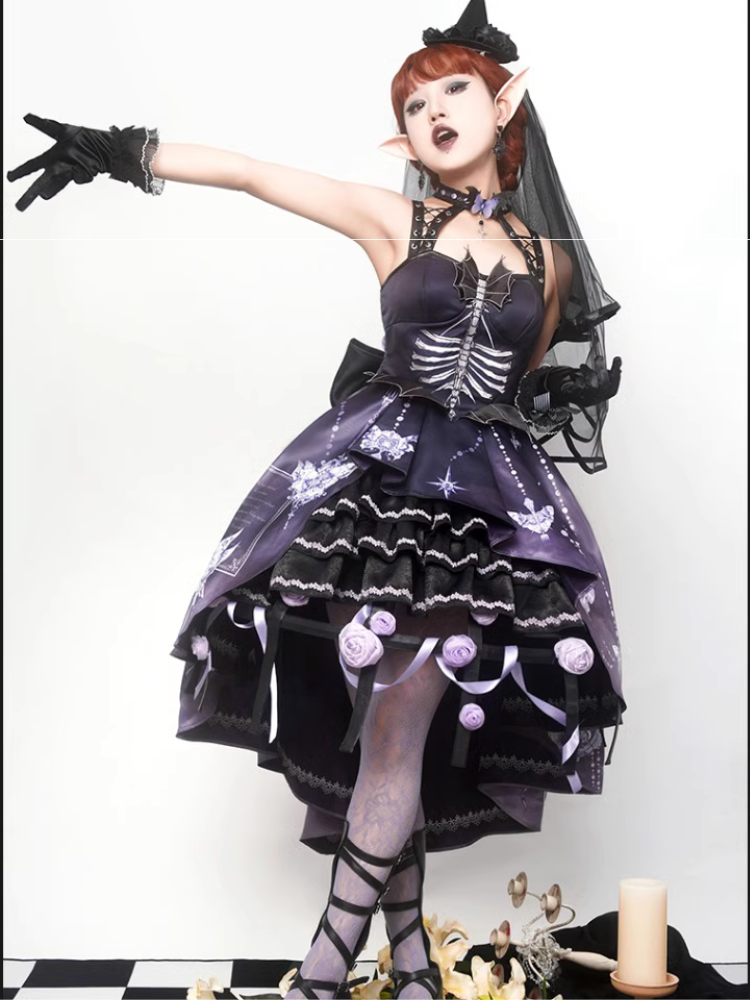 【予約販売】Bat Wings スケルトン柄ジャンパースカートと紫薔薇のクリノリン