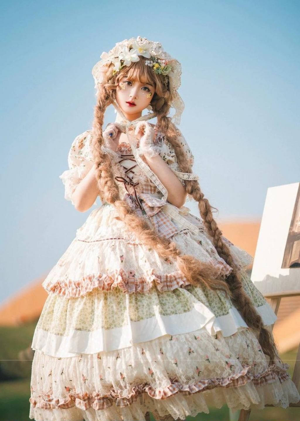 小花柄フレンチカントリーワンピース ヘッドドレス・エプロン付き