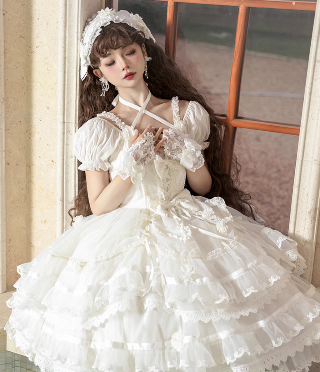 Ribbon embroidered lace dress and head dress available in 8 colors