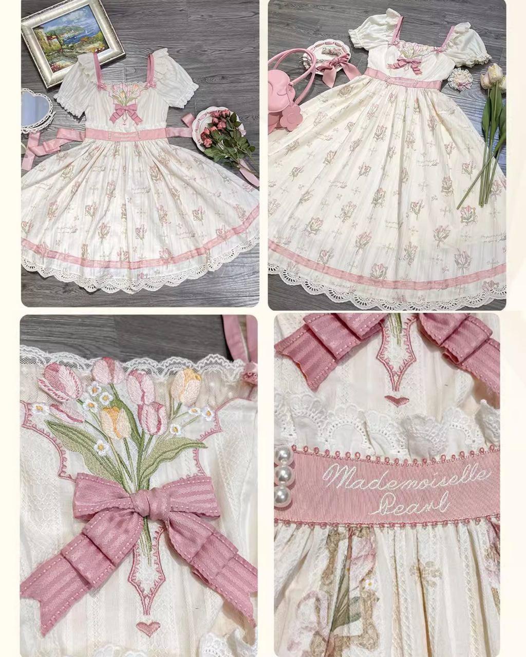 Tulip Bouquet スクエアネックコットンワンピース