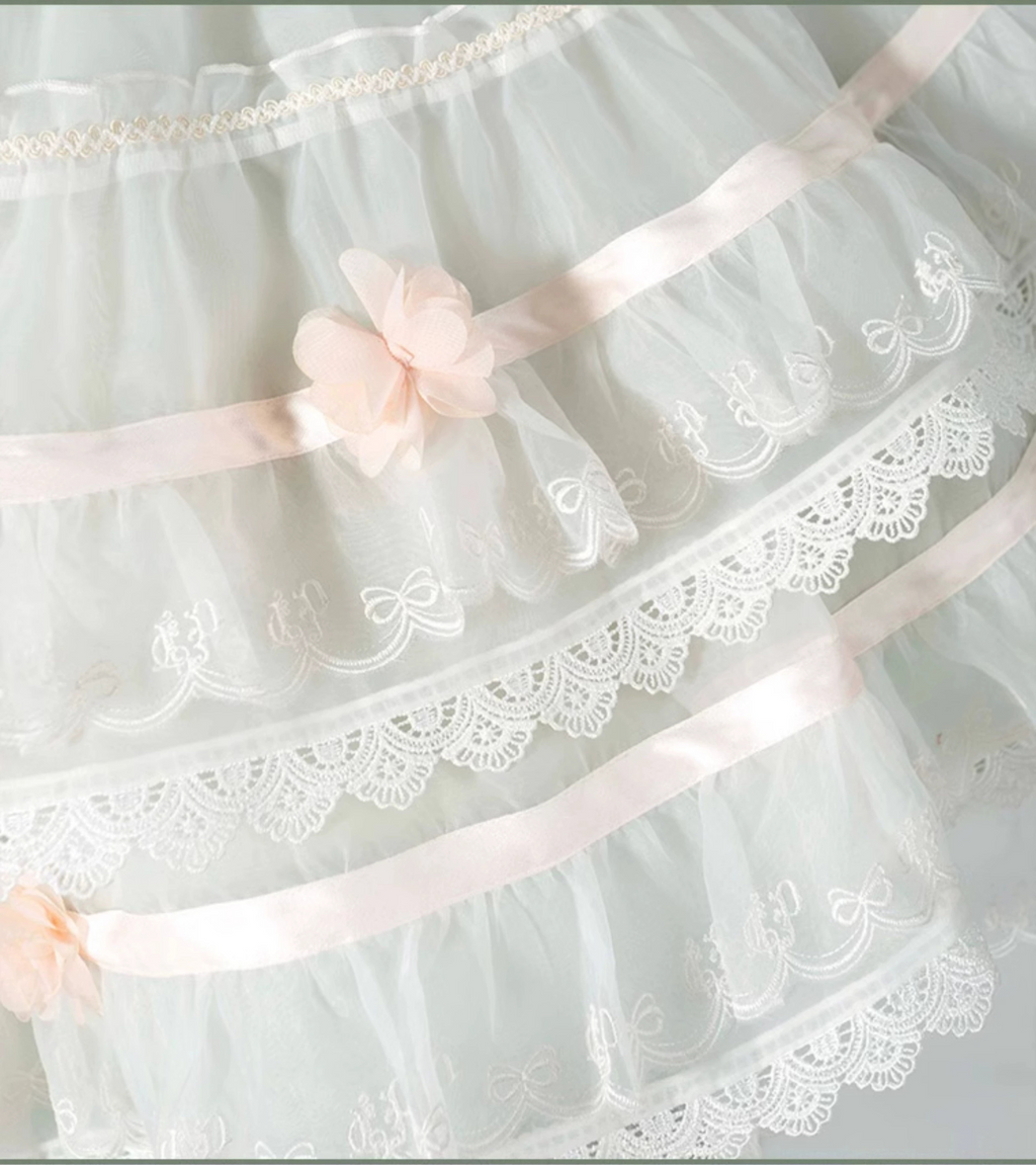 Ribbon embroidered lace dress and head dress available in 8 colors