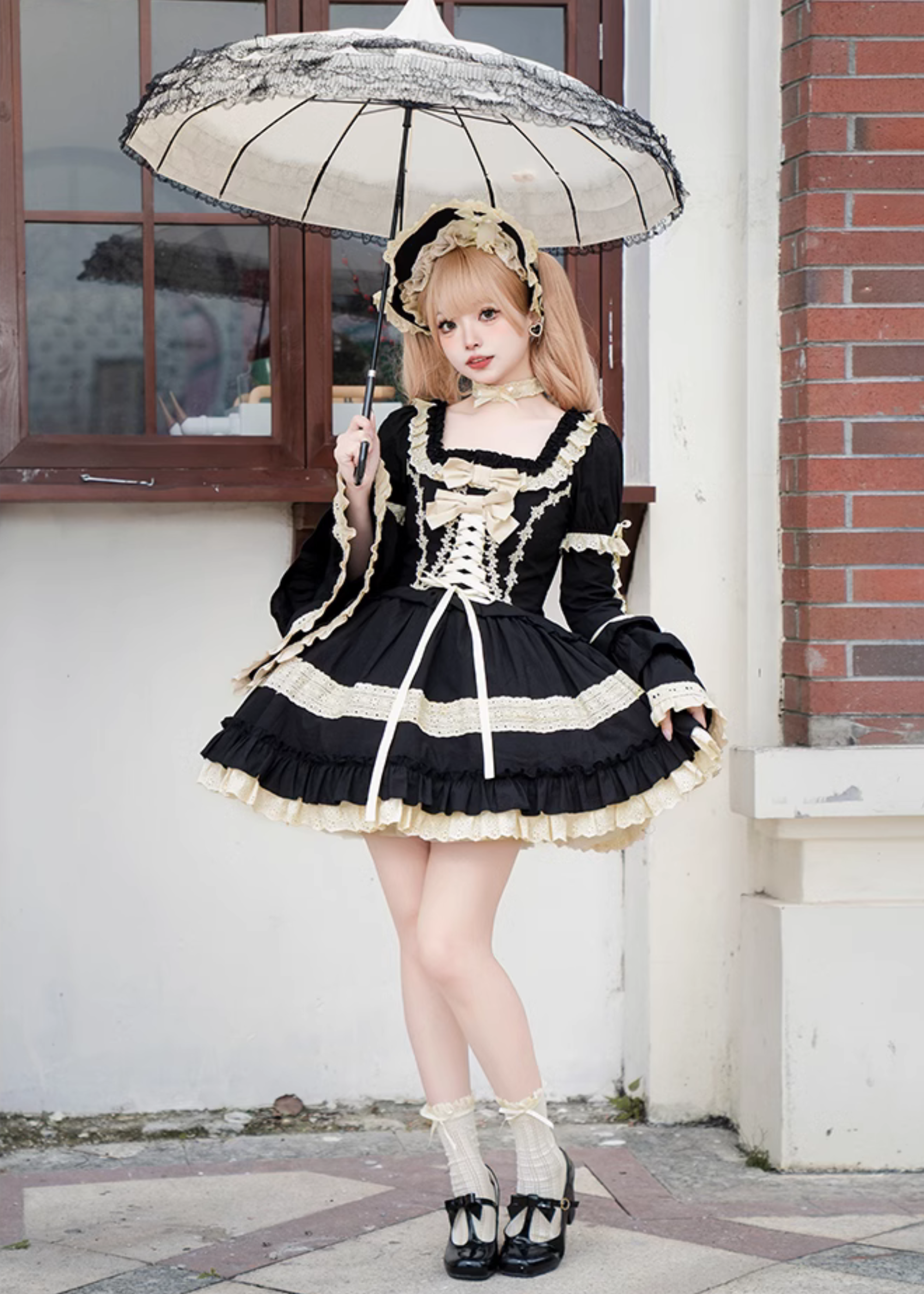 Seventh Night Chapter フロントリボンワンピース インナースカート・付け袖・チョーカー付