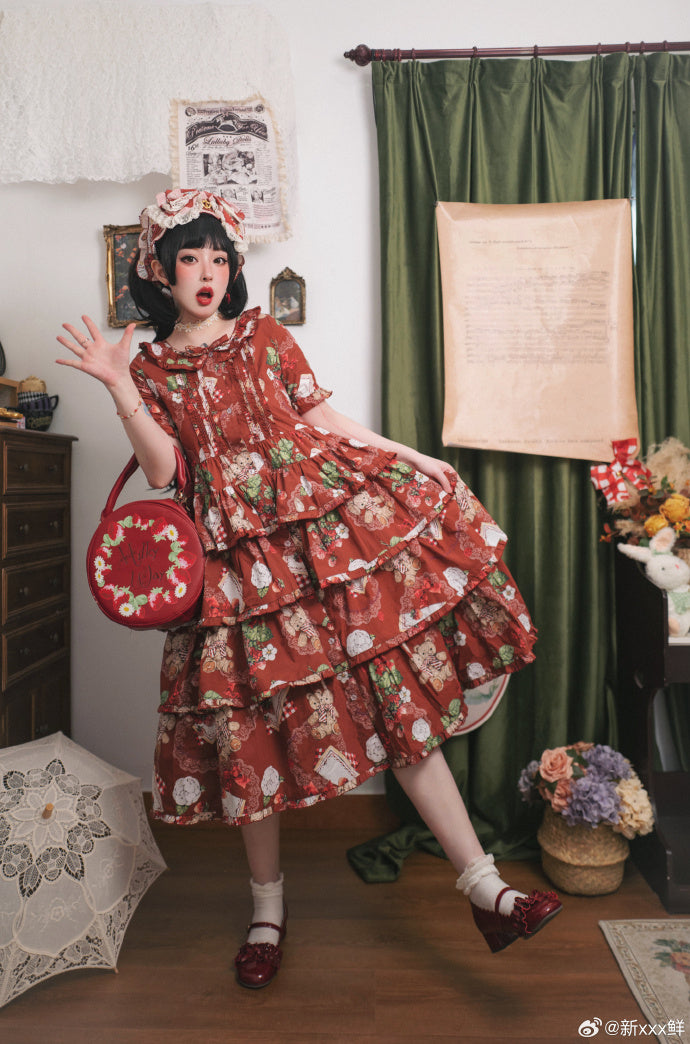 Camellia Berry Short Sleeve Dress Tiered Type Long Length