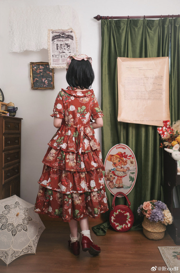 Camellia Berry Short Sleeve Dress Tiered Type Long Length