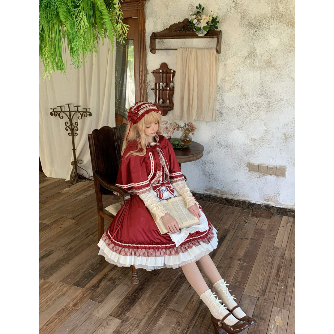 レトロガーリージャンパースカート エプロンとケープ付き 全2色