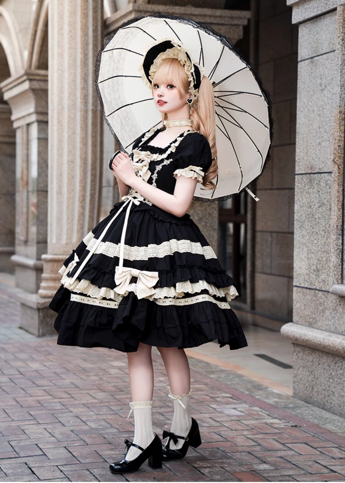 Seventh Night Chapter Front Ribbon Dress with Inner Skirt, Attached Sleeves, and Choker