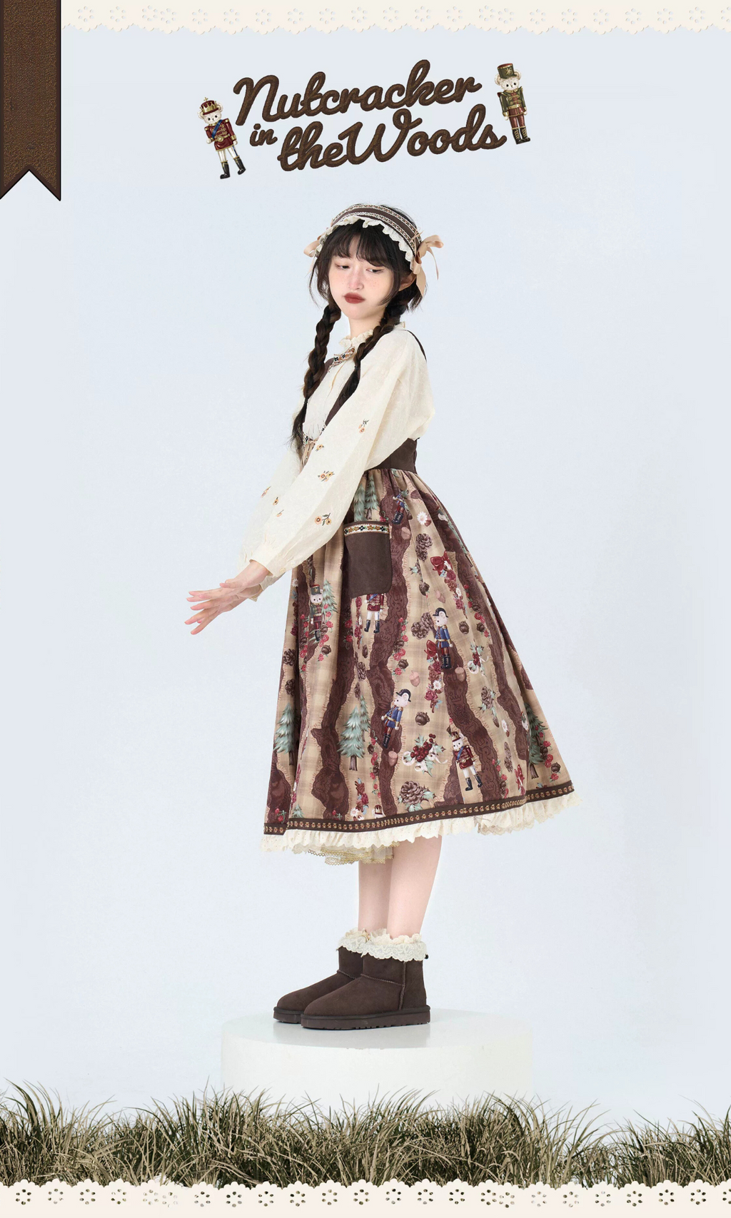 Nutcracker Bear Country-style Floral Embroidered Jumper Skirt