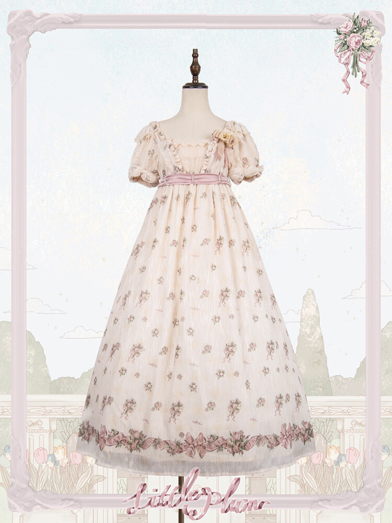 Roses Bouquet Square Neck High Waist Dress