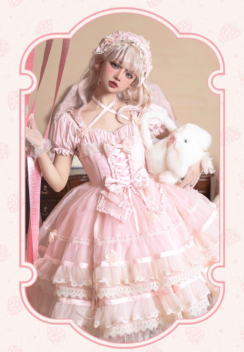 Ribbon embroidered lace dress and head dress available in 8 colors