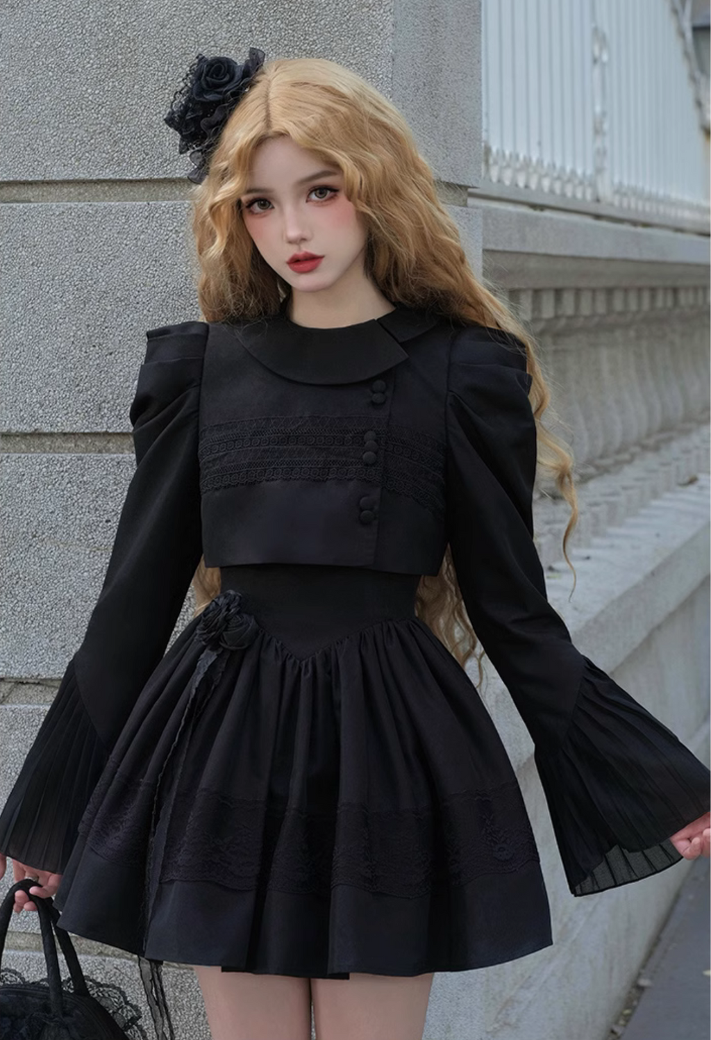 Black rose embroidered collar jumper skirt and jacket, short length