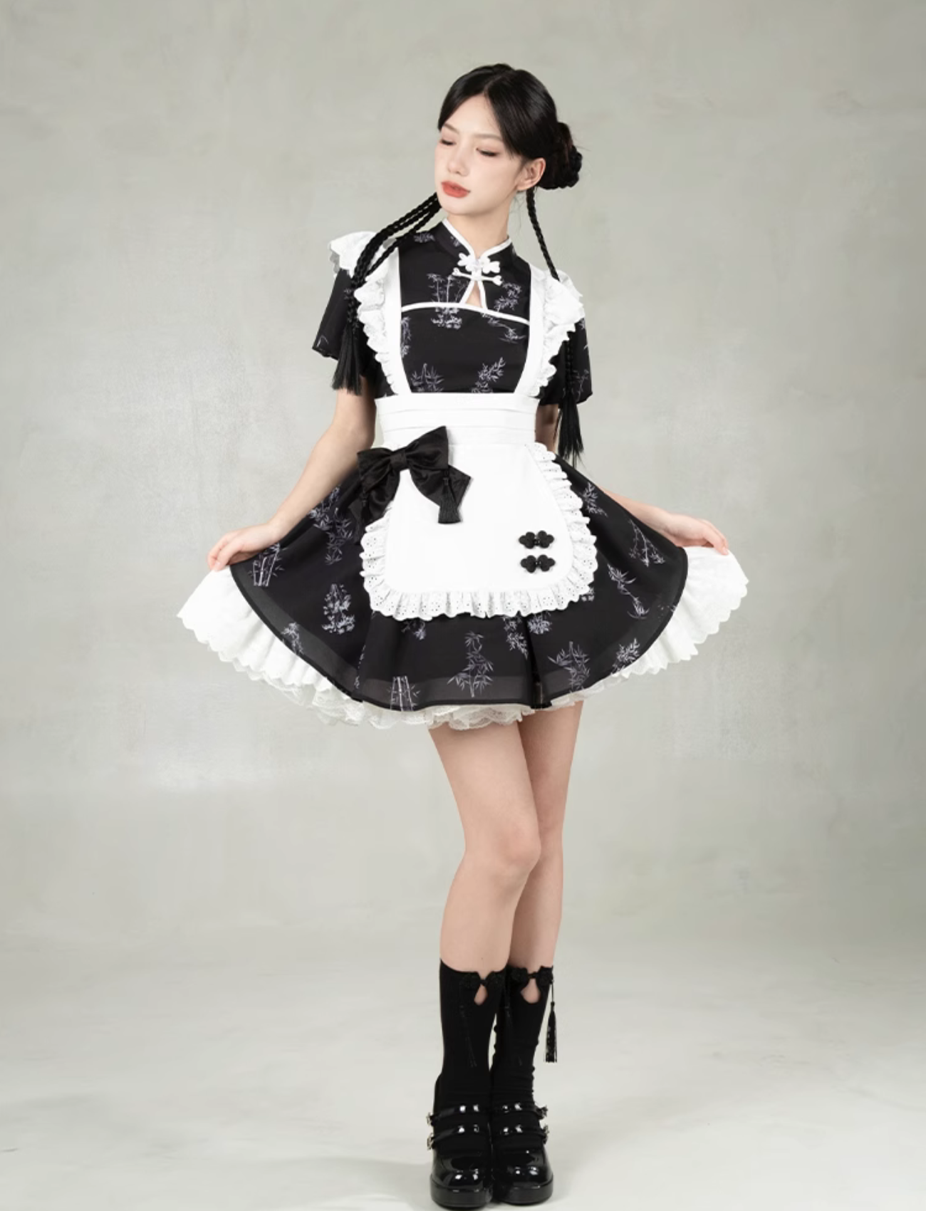 Bamboo print maid style Chinese dress