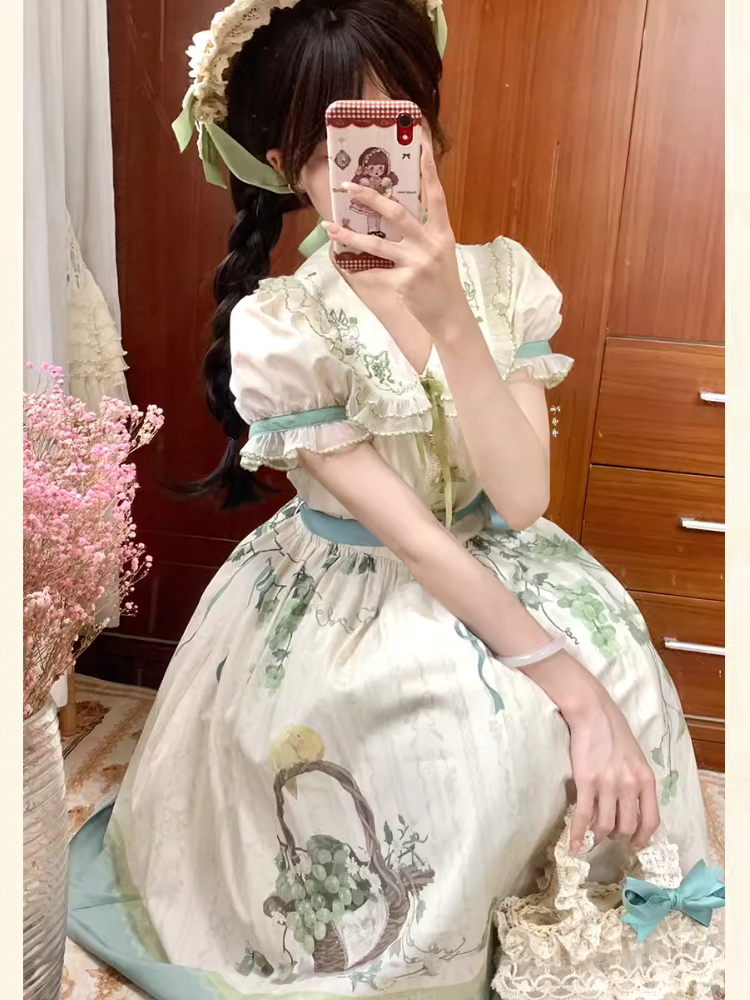 Honey Venus White Grape Embroidery Collar Short Sleeve Dress