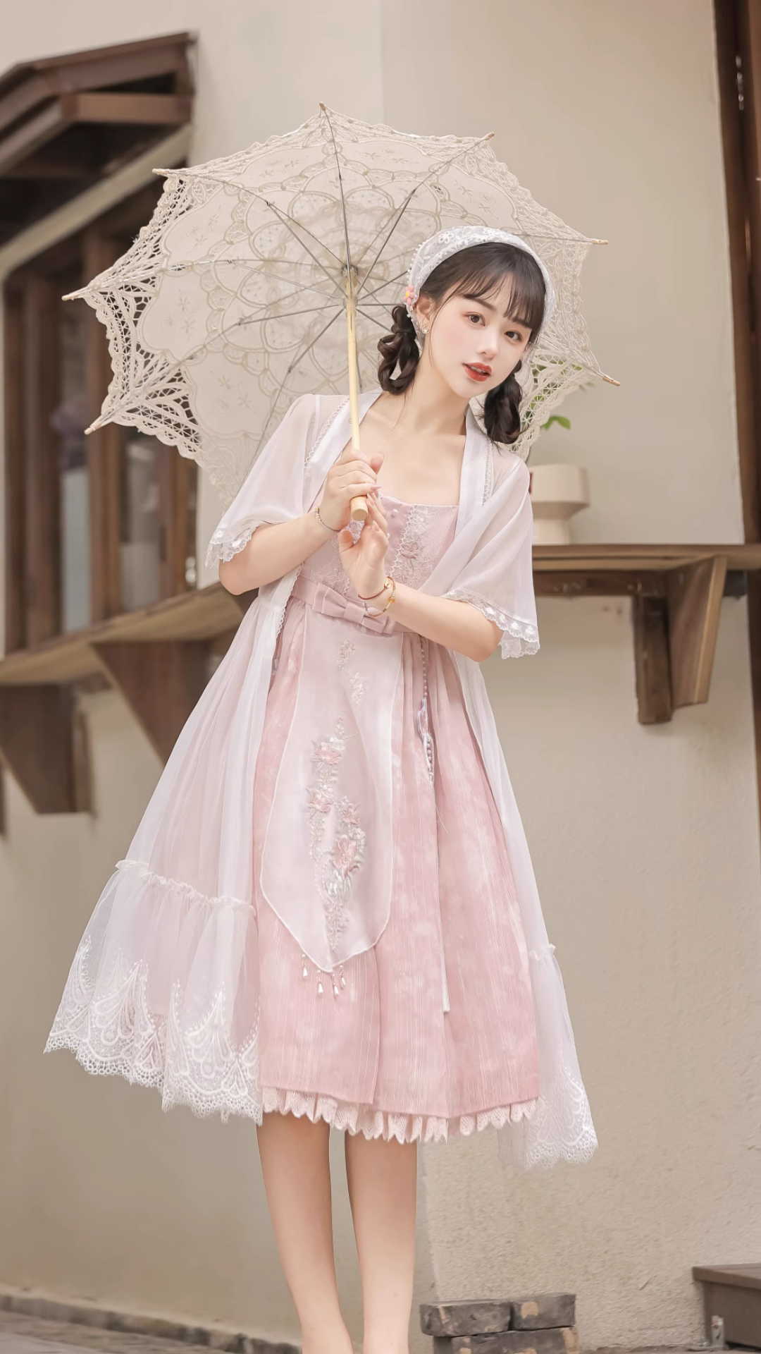 Smoke pink Chinese style jumper skirt and long cardigan