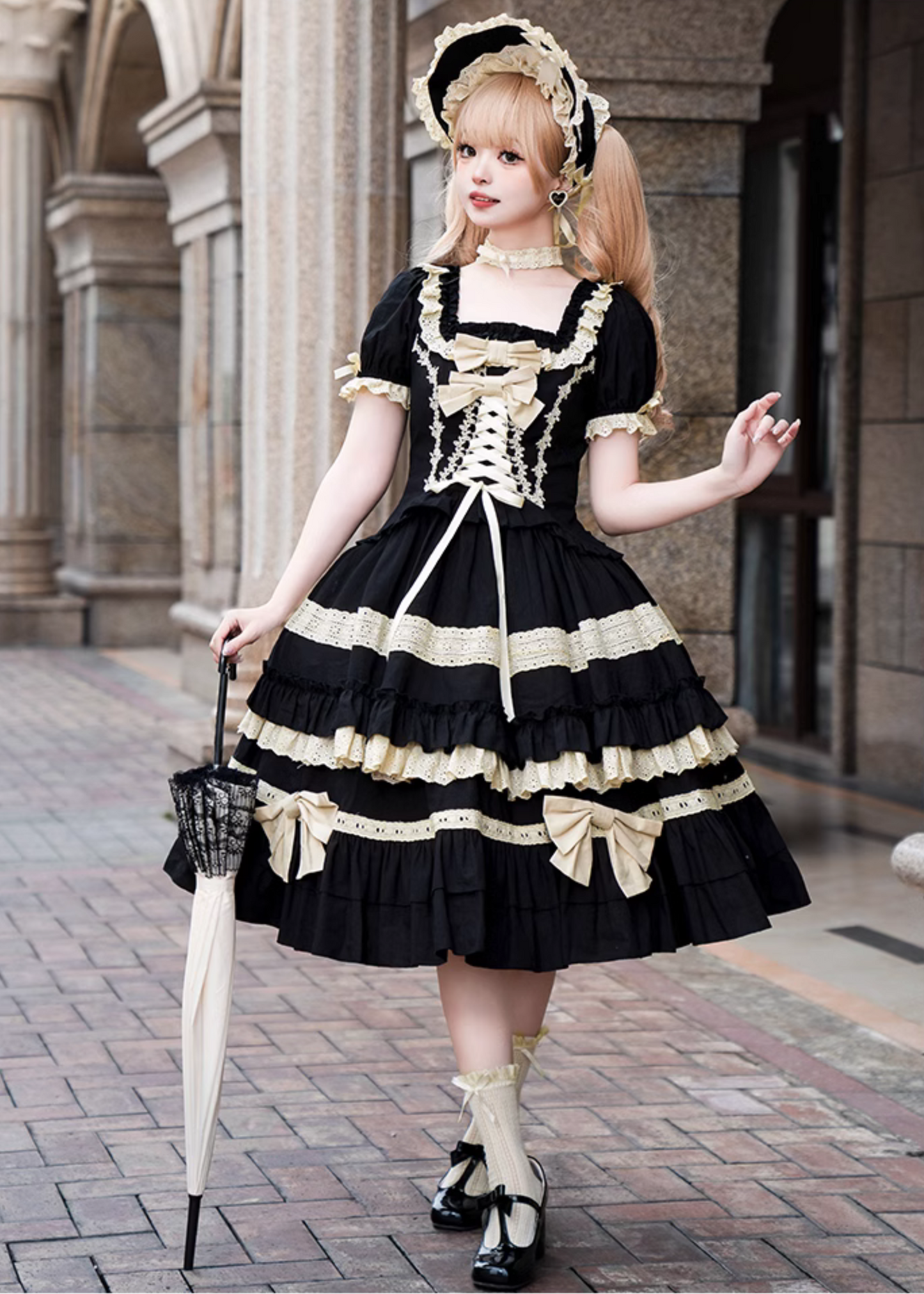 Seventh Night Chapter Front Ribbon Dress with Inner Skirt, Attached Sleeves, and Choker