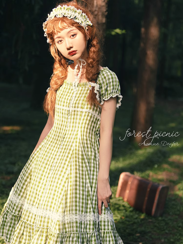 Day's eye Gingham check retro short sleeve dress, 3 colors
