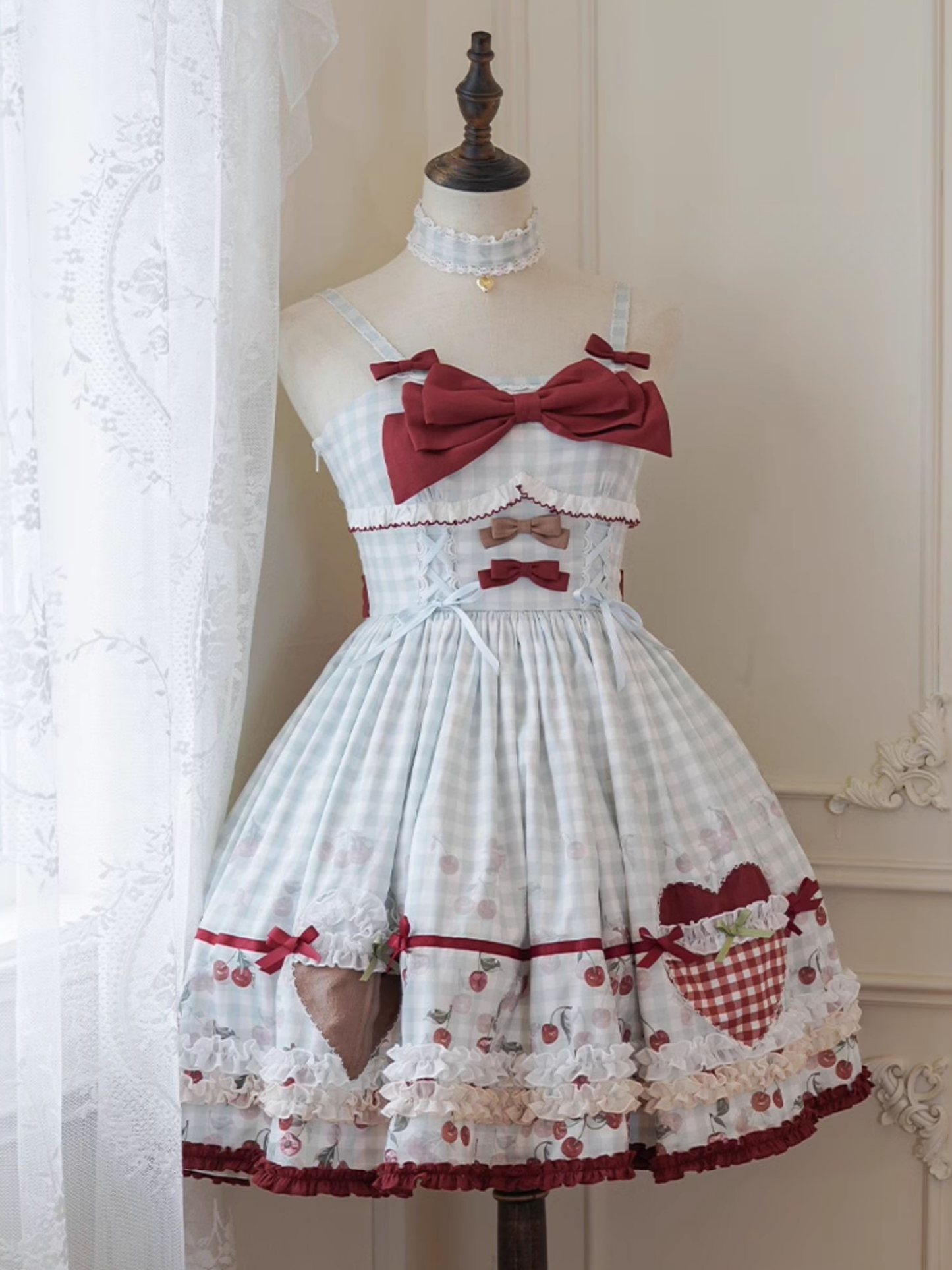 Cherry and Heart Gingham Check Jumper Skirt