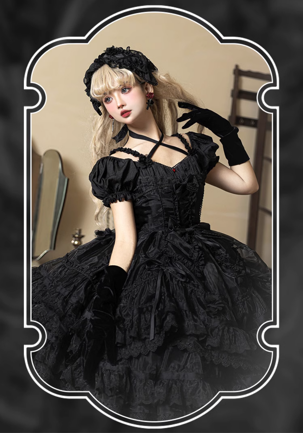 Ribbon embroidered lace dress and head dress available in 8 colors