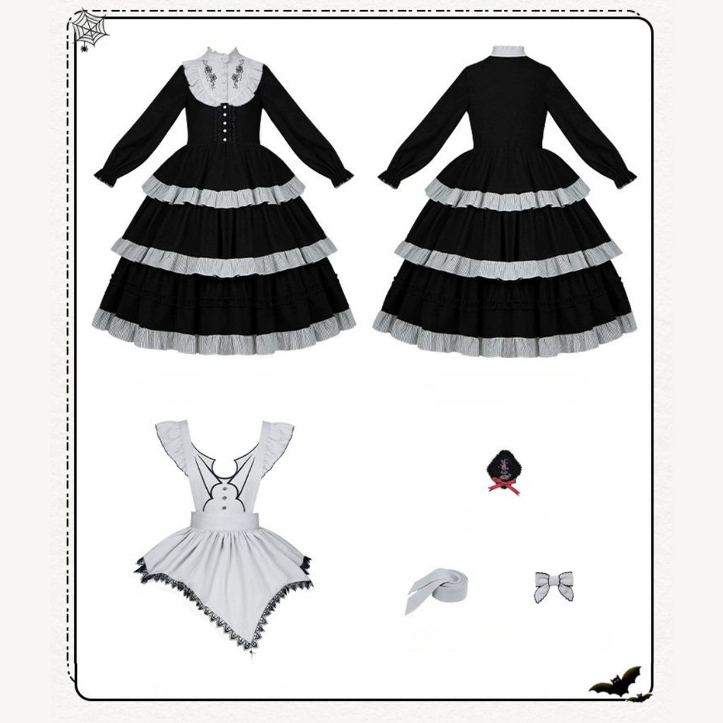 Monochrome Night 薔薇刺繍ブラックワンピースとエプロン
