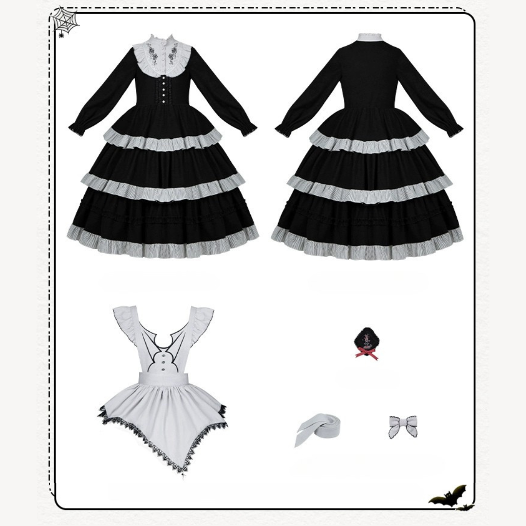 Monochrome Night 薔薇刺繍ブラックワンピースとエプロン