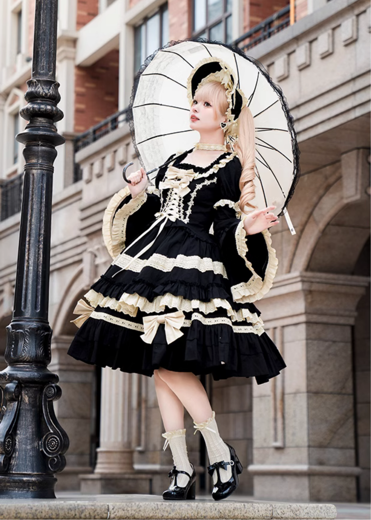 Seventh Night Chapter Front Ribbon Dress with Inner Skirt, Attached Sleeves, and Choker